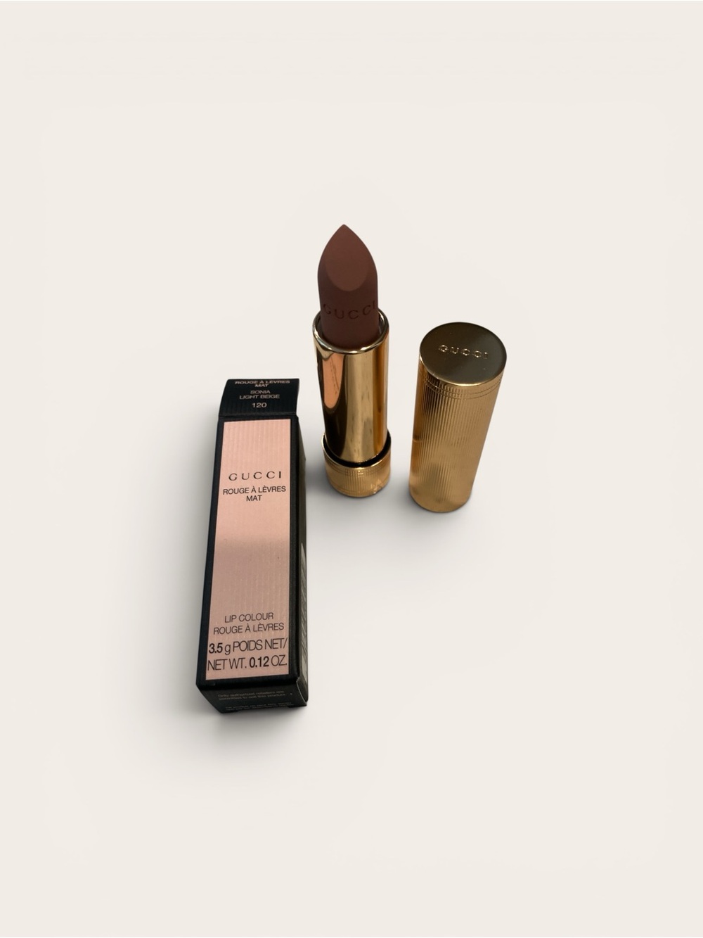 Gucci Lipstick — Sonia Light Beige 3.5g 0.12 oz Matte Lipstick Gold Tone Case